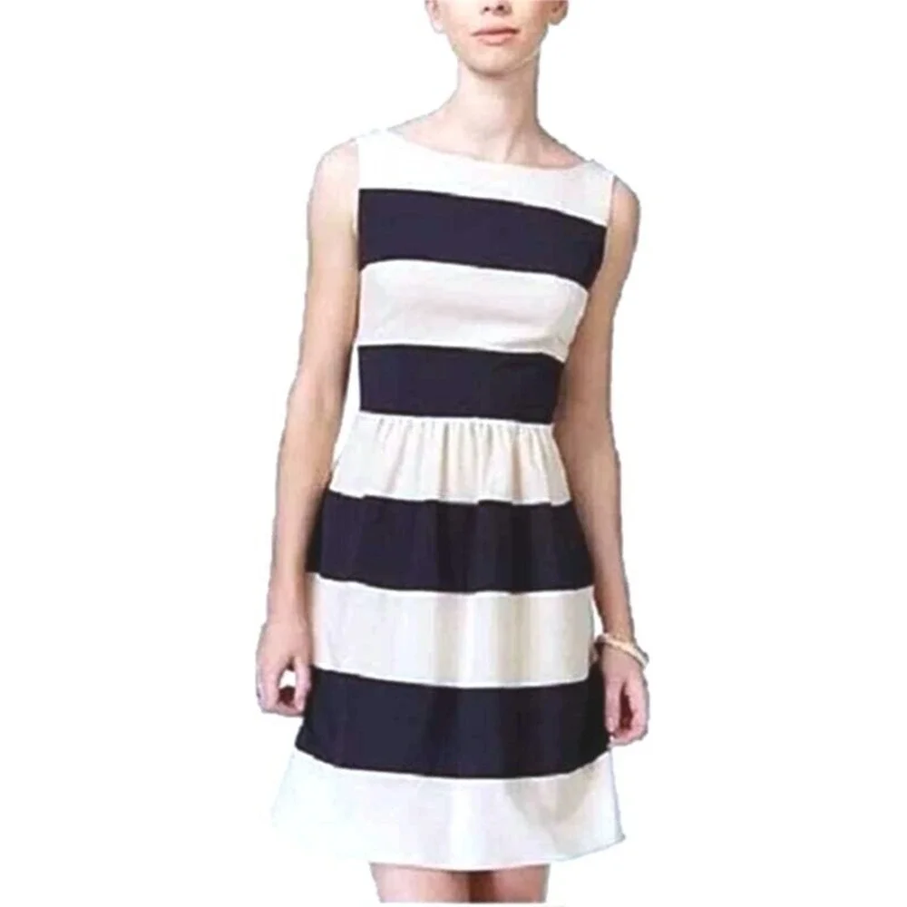 Bee Darlin Dress Womens 10 Navy White Fit Flare Nautical Striped Business Casual